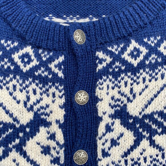 Handcrafted Fair Isle Nordic Wool Cardigan Men Sz XL/XXL Blue White Metal Button - Picture 2 of 9